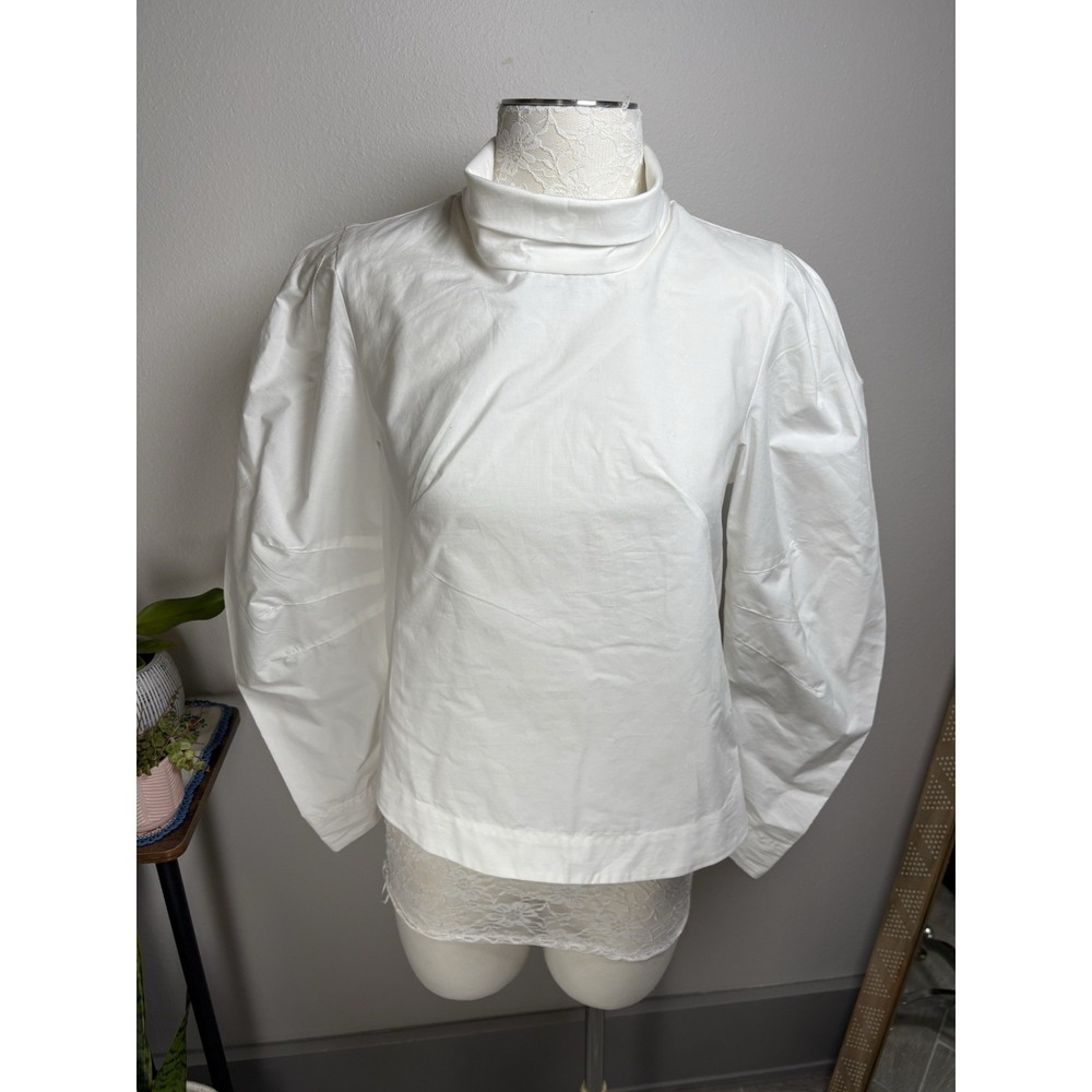 NWT Anthropologie Womens XS White Blouse Minimalist Avant Garde Puff Sleeve